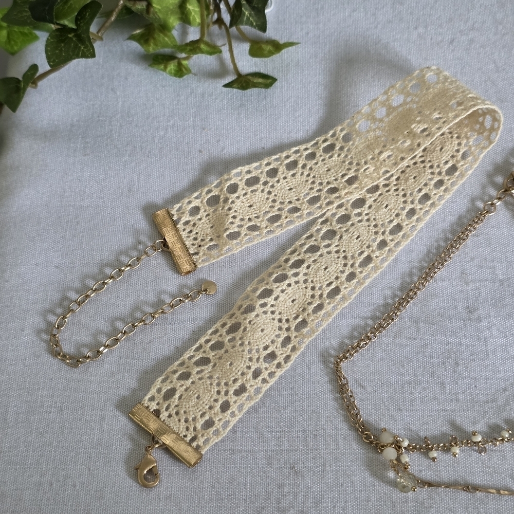 Double Choker Necklace Set Crochet and Double Strand Chain - Picture 6 of 11